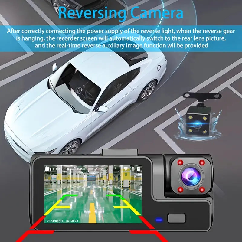 Car Security Recorder Front/Inner/Rear Cameras, Loop Recording, Supports 32GB C10 TF Card or Above - Night Vision, 170° Ultra Wide Angle,