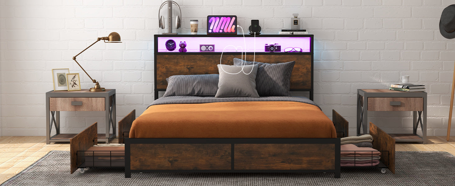 Full Bed Frame with Storage Headboard, Metal Platform Bed with Charging Station, LED Bed Frame with 4 Drawers, Bookcase Storage, No Box Spring Needed,