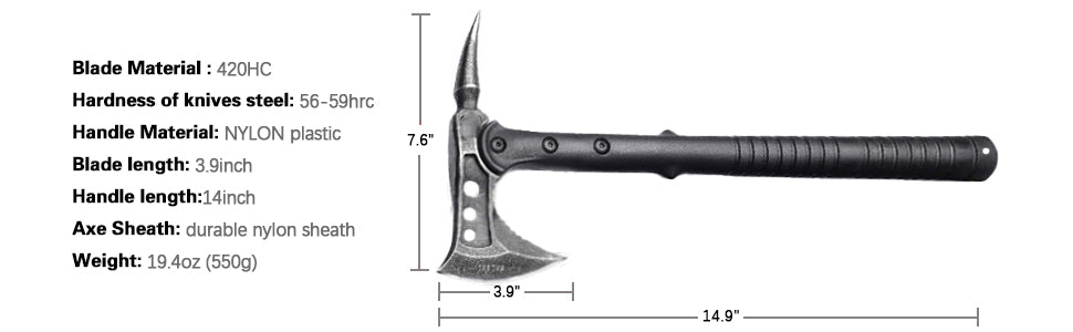 steel chopping axe comes with a lightweight durable nylon sheath to protect the axe blade, Throwing Tactical Tomahawk with Spike