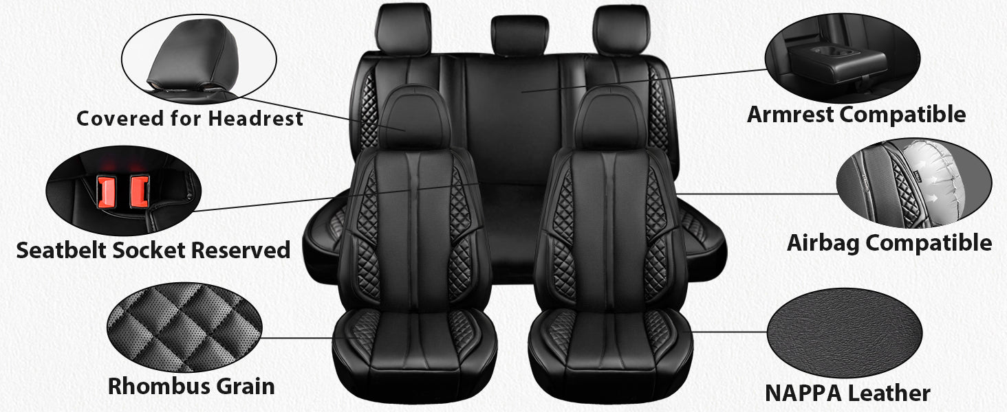 seatbelts, armrests and seat adjustments. Separate headrest covers allow easy headrest adjustment for optimal comfort and safety. Nappa PU Leather Car Seat Covers Full Set Waterproof Protector Durable Cushioned