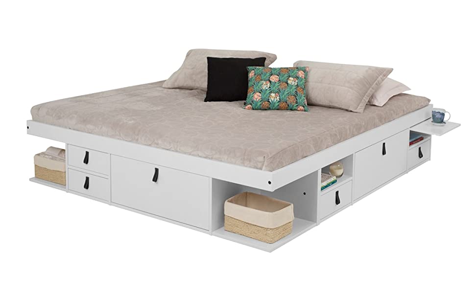 Upholstered Tufted Storage Bed, Foam Filled Fabric, Low Profile Platform, Metal Bed Frame with High Headboard