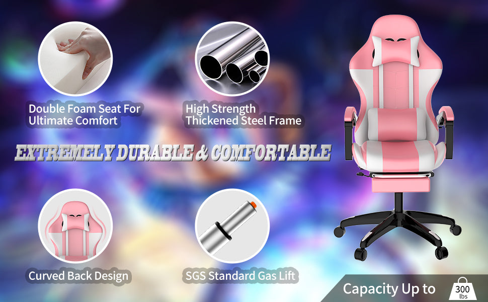 Pink  Gaming Chair with Footrest Office Chair Computer Chair with Lumbar Pillow Ergonomic Chair with Armrest Recliner Chair High Back Height Adjustable