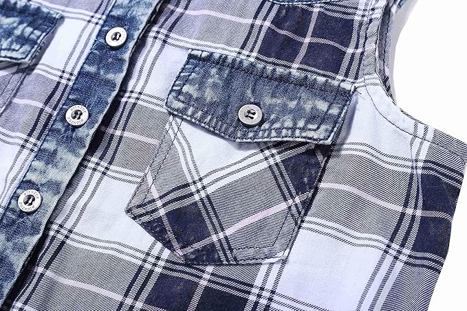 Made of lightweight cotton fabric, our blouse is a choice for giving gifts. The distressing snow wash adds a vintage touch to the blouse, Girl's Plaid Denim Sleeveless Tie Front Blouse Casual Tank Top