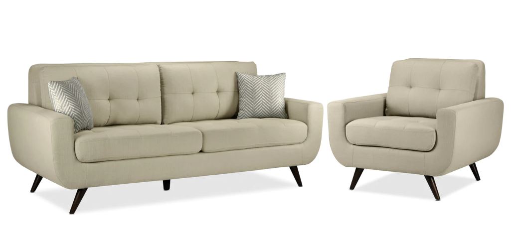 Mid-Century Sofa, Couch with Button-Tufted Back Cushion, Velvet Feel Fabric Upholstery, 2 Pillows and Rubber Wood Legs, and chair, Light beige