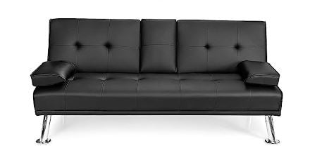 Futon, Black Faux Leather, Folding Couch for Living Room, Removable Armrest