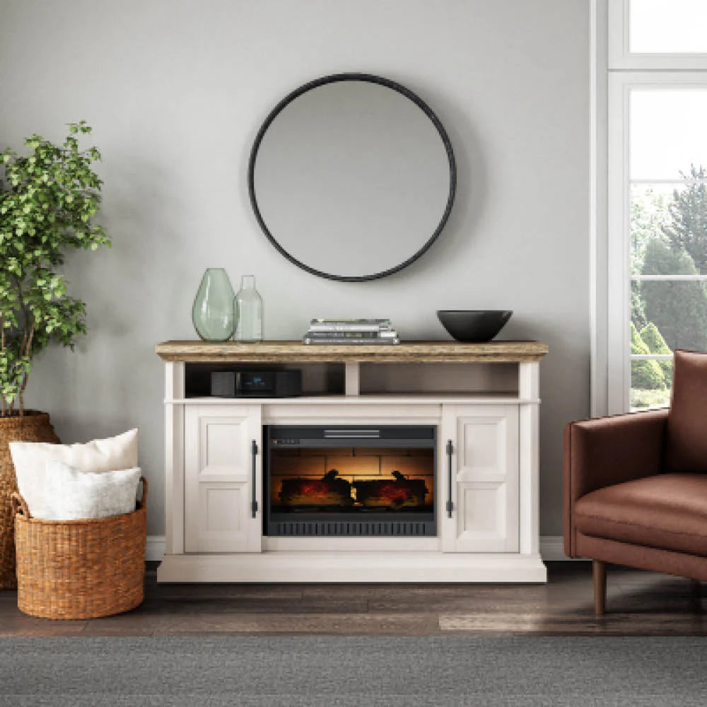 you’ll never have to worry about it clashing with additions to your living space. With two spacious cabinets and storage shelves beneath the TV stand’s counter, Fireplace TV Stand