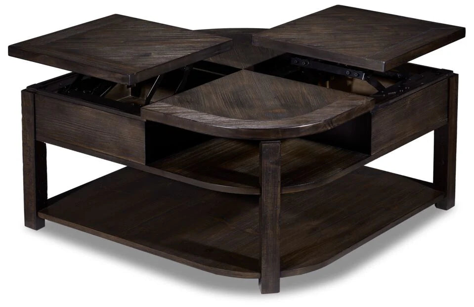 you’re hoping to have dinner in-front of the TV, the lift-top has got you covered. A rustic design featuring a rich walnut colour and a uniquely detailed wood finish base, Lift-Top Coffee Table - Walnut