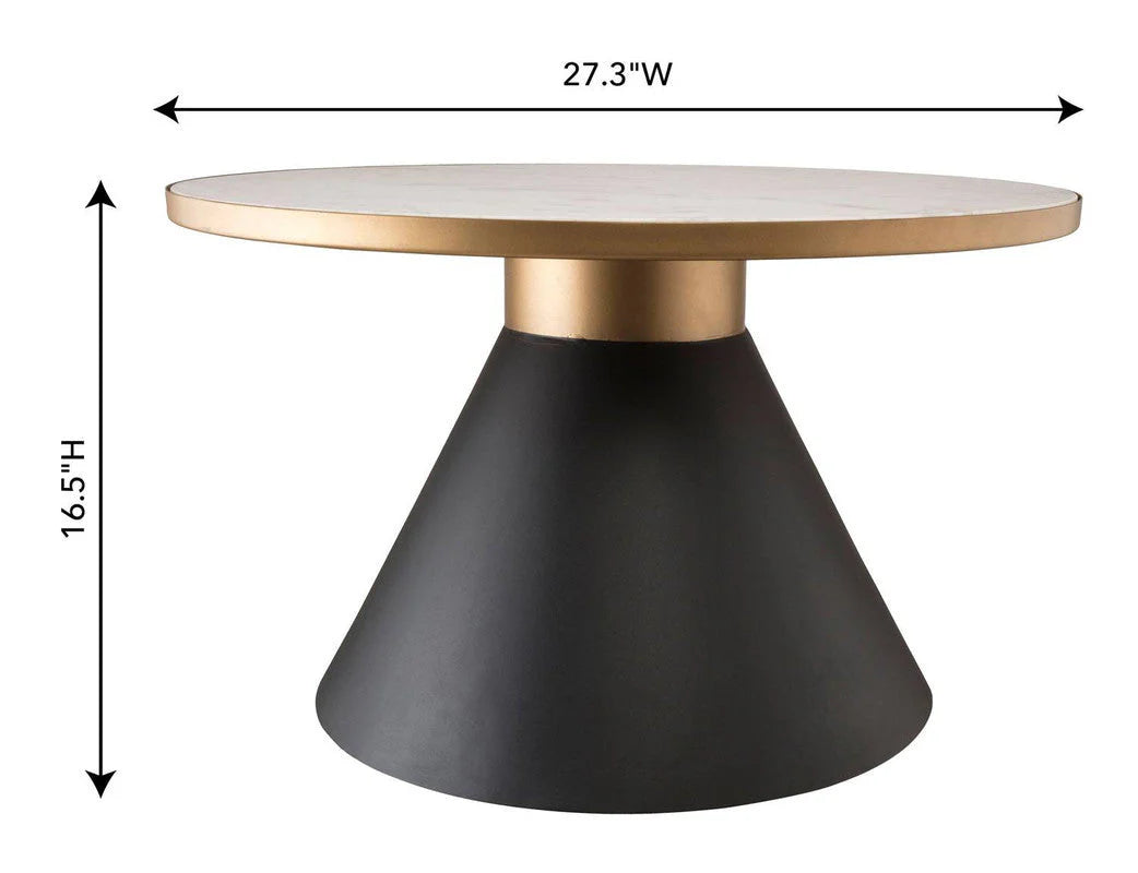 this eye-catching design shows off an elevated white marble top elegantly bordered in gold and anchored to a black conical base,  Marble Coffee Table