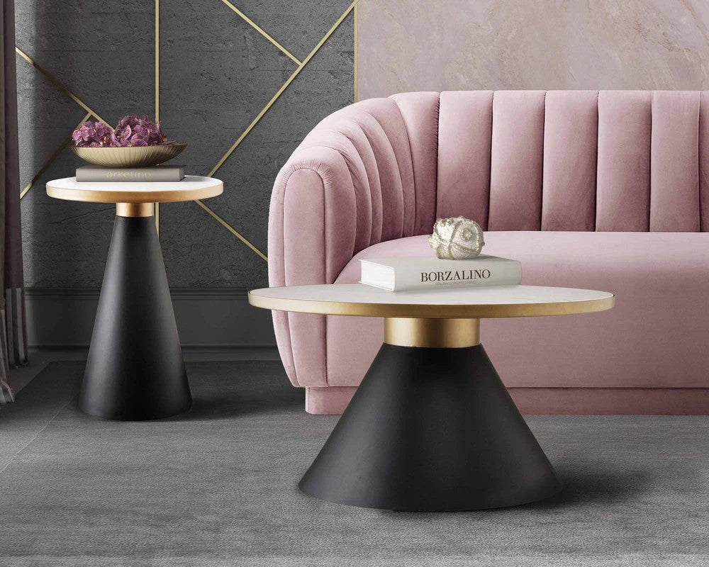 this eye-catching design shows off an elevated white marble top elegantly bordered in gold and anchored to a black conical base,  Marble Coffee Table