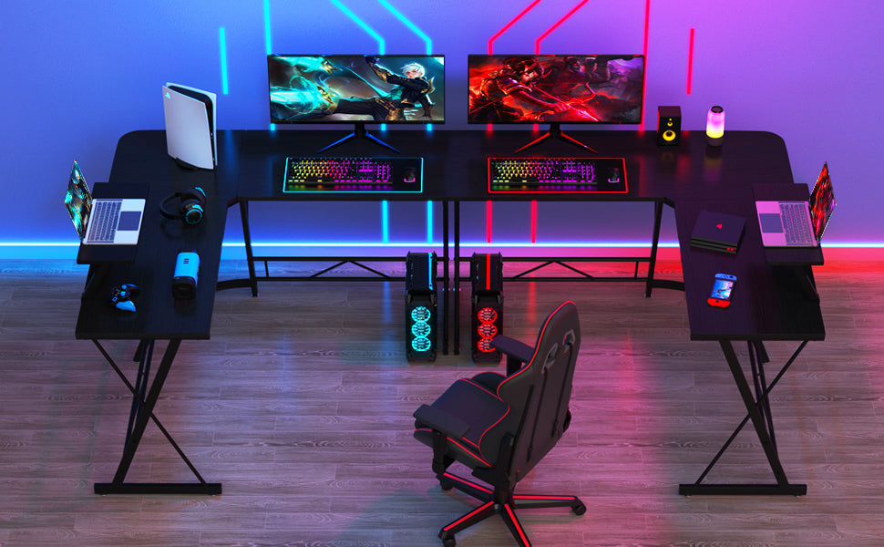 Shaped Desk, Computer Corner Desk, Gaming Desk with Monitor Stand, Home Office Study Writing Workstation, Space-Saving, Black