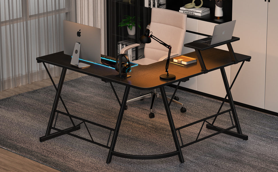 Shaped Desk, Computer Corner Desk, Gaming Desk with Monitor Stand, Home Office Study Writing Workstation, Space-Saving, Black