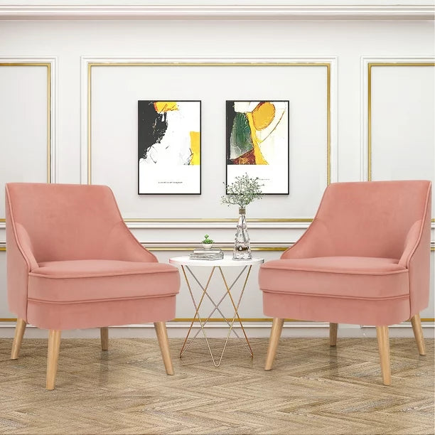 Set of 2 Accent Chairs Velvet Single Sofa Chair w/Rubber Wood Legs Pink