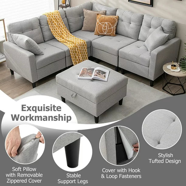 L-shaped Sectional Corner Sofa Set Living Room Furniture w/ Storage Ottoman Grey