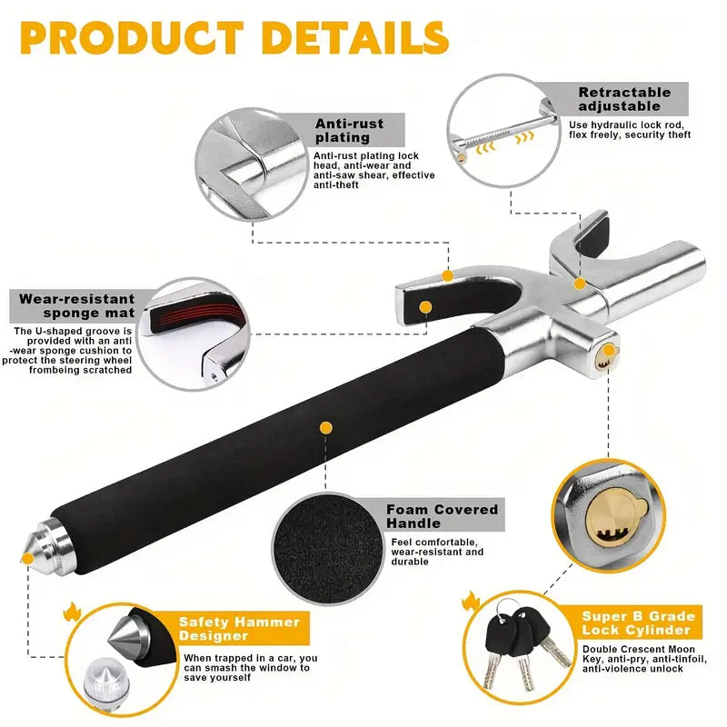 Lock Universal Car Lock Device Retractable Steering Lock With 3 Keys