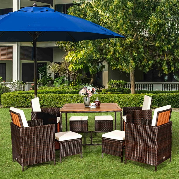 9PCS Patio Rattan Dining Set Cushioned Chairs Ottoman Wood Table Top White
