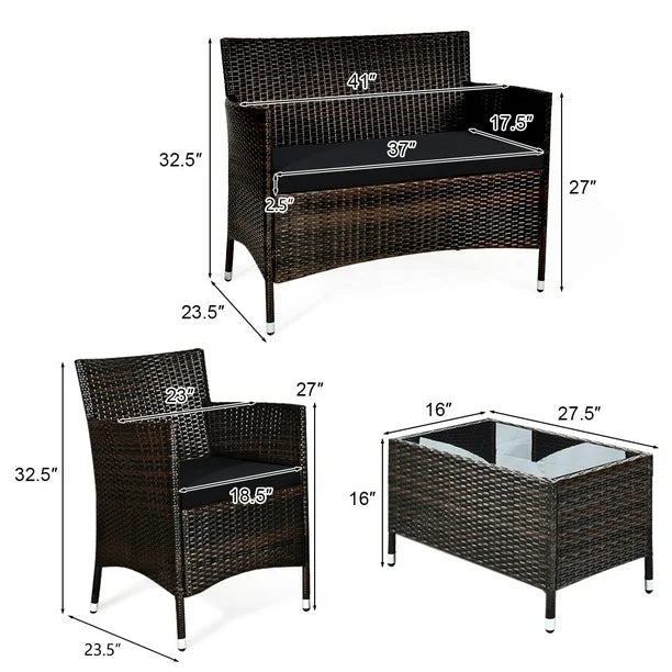 4PCS Patio Rattan Wicker Furniture Set Sofa Chair Table Set W/ Black Cushions