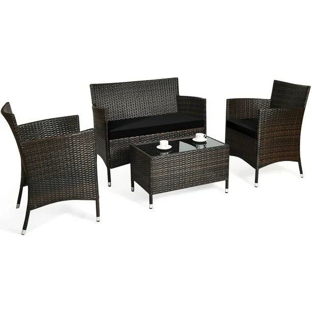 4PCS Patio Rattan Wicker Furniture Set Sofa Chair Table Set W/ Black Cushions