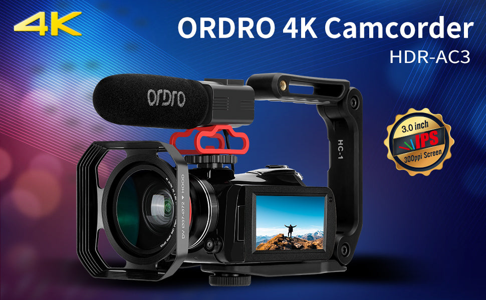 4K Camcorder Vlogging Camera for YouTube ORDRO AC3 HD Video Camera 1080P 60FPS IR Night Vision Camera Recorder Digital Camcorders with Microphone Wide Angle Lens Handheld Stabilizer