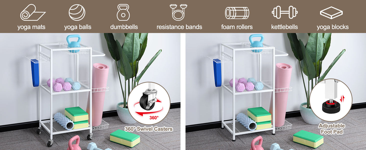 Home Gym Storage Rack with Hooks and Wheels and  Workout Equipment Storage Rack Cart