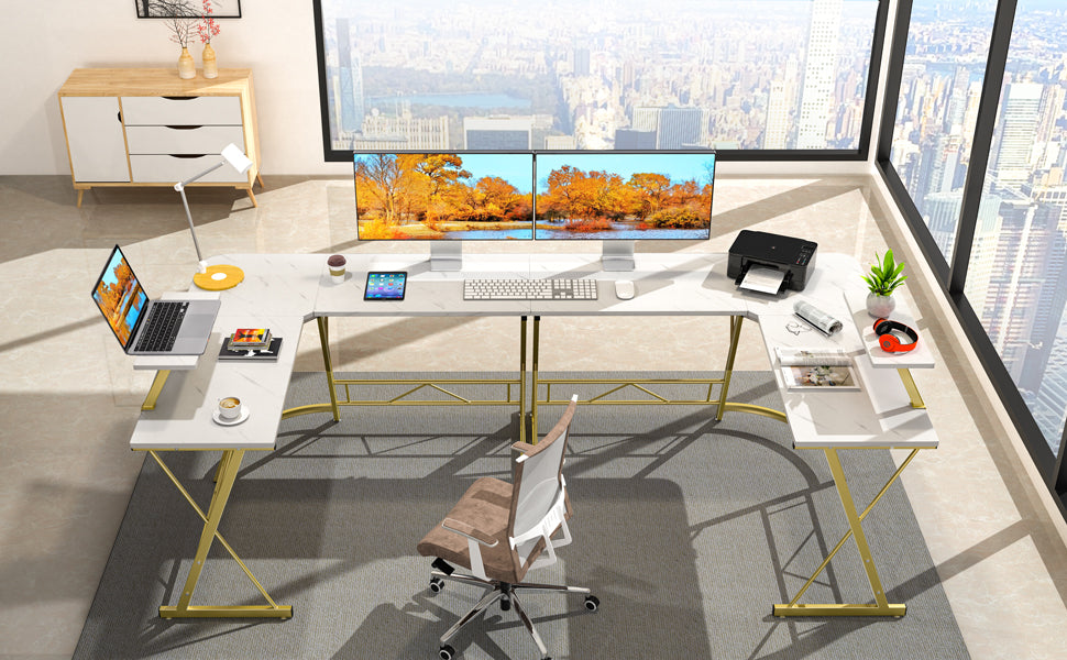 Computer Desk with Monitor Stand & 2-Tier Storage Shelves, Home Office Gaming Desk Writing Table Workstation, White