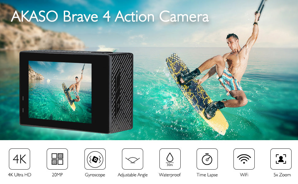 AKASO Brave 4 4K 20MP WiFi Action Camera Ultra HD with EIS 30m Underwater Waterproof Camera Remote Sports Camcorder with 2 Rechargeable 1050mAh Batteries and Helmet Accessories Kit
