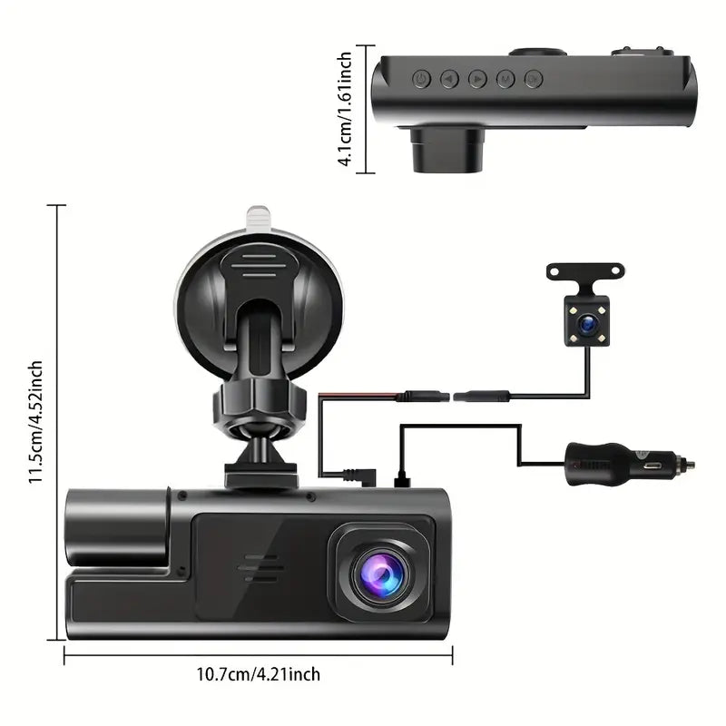 Car Security Recorder Front/Inner/Rear Cameras, Loop Recording, Supports 32GB C10 TF Card or Above - Night Vision, 170° Ultra Wide Angle,