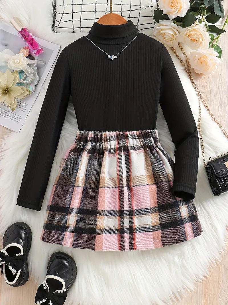 2pcs Girls Striped Long Sleeve Turtleneck Pullover And Plaid Printed Button Down Skirt Shorts Easter