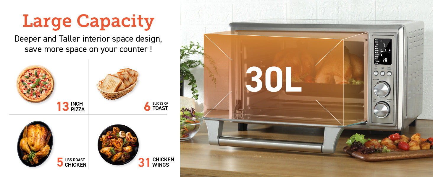COSORI Air Fryer Toaster Oven, 12-in-1 Convection Oven Countertop with Rotisserie, Stainless Steel 32QT/32L, 6-Slice Toast, 13-inch Pizza,100 Recipes, Basket, Tray(6 Accessories)Included, CO130-AO
