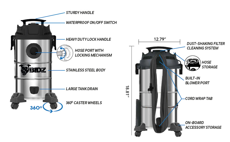 Heavy-Duty Stainless Steel Semi- Commercial Shop Vacuum System Powerful 5 Peak HP Motor, 63.5''
