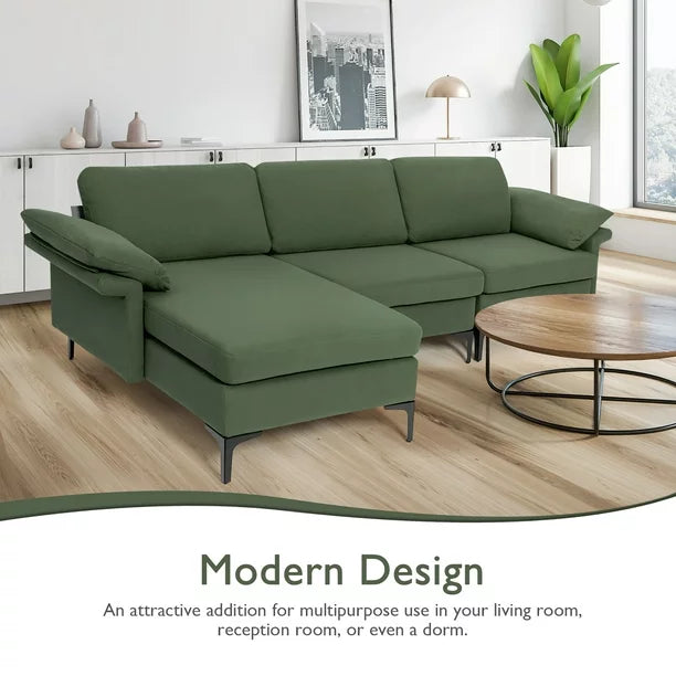 Modern Modular L-shaped Sectional Sofa w/ Reversible Chaise & 2 USB Ports Green