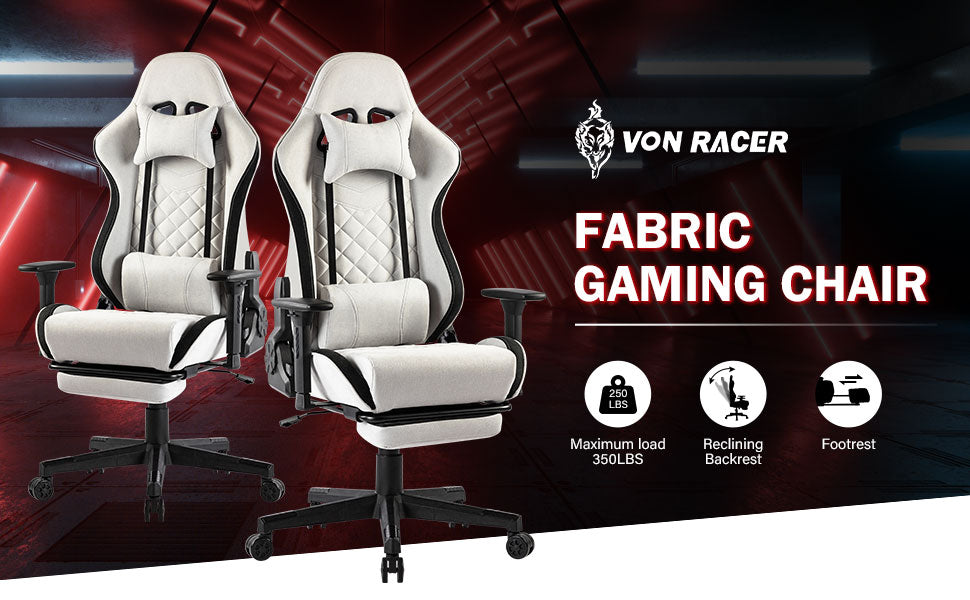 Chair Gaming Seat Lumbar Support w/Footrest Headrest white