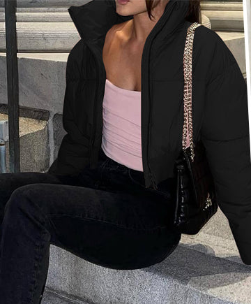 Womens cropped puffer jacket is made with great quality, warm jacket that is in style for all season, the stitching is good quality all around and the smooth material feels nice to the touch