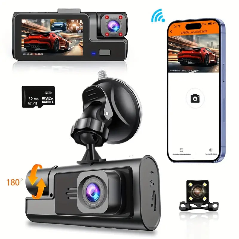 Car Security Recorder Front/Inner/Rear Cameras, Loop Recording, Supports 32GB C10 TF Card or Above - Night Vision, 170° Ultra Wide Angle,