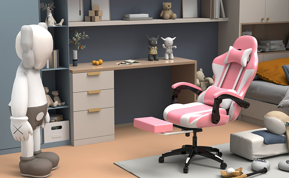 Pink  Gaming Chair with Footrest Office Chair Computer Chair with Lumbar Pillow Ergonomic Chair with Armrest Recliner Chair High Back Height Adjustable