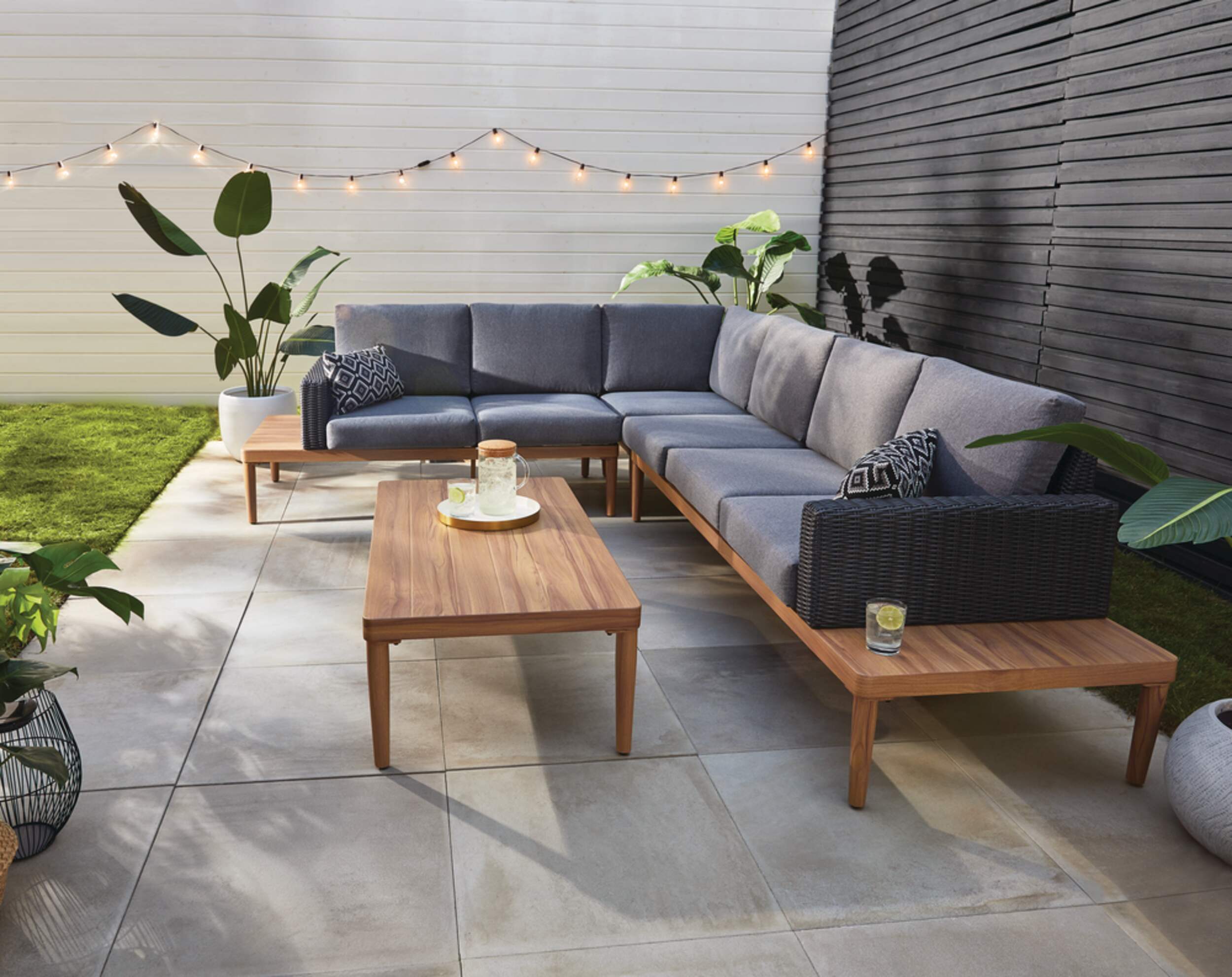 Patio Sectional, while the hand-woven wicker armrests provide all-weather durability. The deep seat cushions included in this set feature Patio