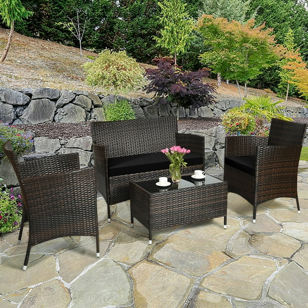 4PCS Patio Rattan Wicker Furniture Set Sofa Chair Table Set W/ Black Cushions
