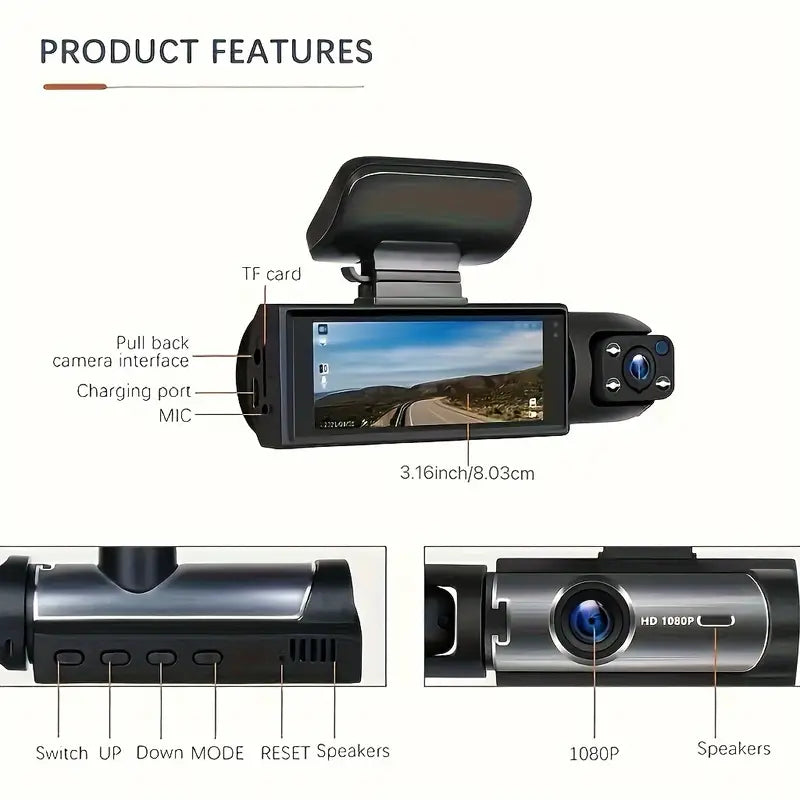 Wide Angle Car DVR Camera With 3.16 Inch IPS Screen, Dual Lens Car Dashboard Video Cam - ront And Inside, Car Camera With IR Night Vision, Loop Recording,