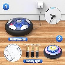 Hover soccer ball comes with a USB cable, it works 30-40 minutes after fully charged. Hover hockey is powered by 3 AA batteries. The cover is locked well, would not fall off while you kicking it. Hover Hockey Soccer Ball Bowling Set