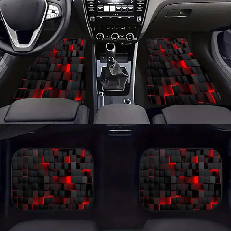 ar Floor Mats, 4 Pcs Set, Non-Slip & Anti-Fade Polyester Fiber Red Grid Pattern - Both Protection , Decoration