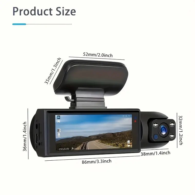 Wide Angle Car DVR Camera With 3.16 Inch IPS Screen, Dual Lens Car Dashboard Video Cam - ront And Inside, Car Camera With IR Night Vision, Loop Recording,