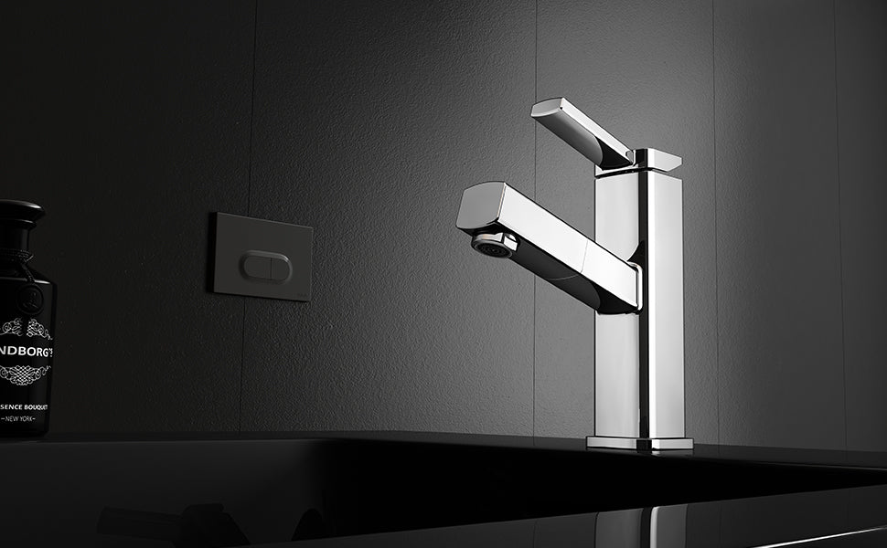 Single Hole Bathroom Faucet, Fountain Bathroom Faucets with Sprayer, Single Handle Pull Out Bathroom Sink Faucet with 3 Water Flow Modes (Chrome, Regular)