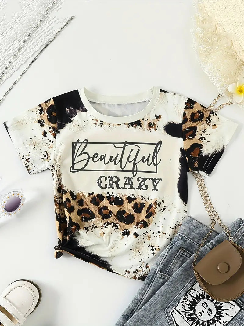 Crew Neck Top Kids Summer Clothes FOR GIRLS Animal Print Casual Tees Comfort Fit