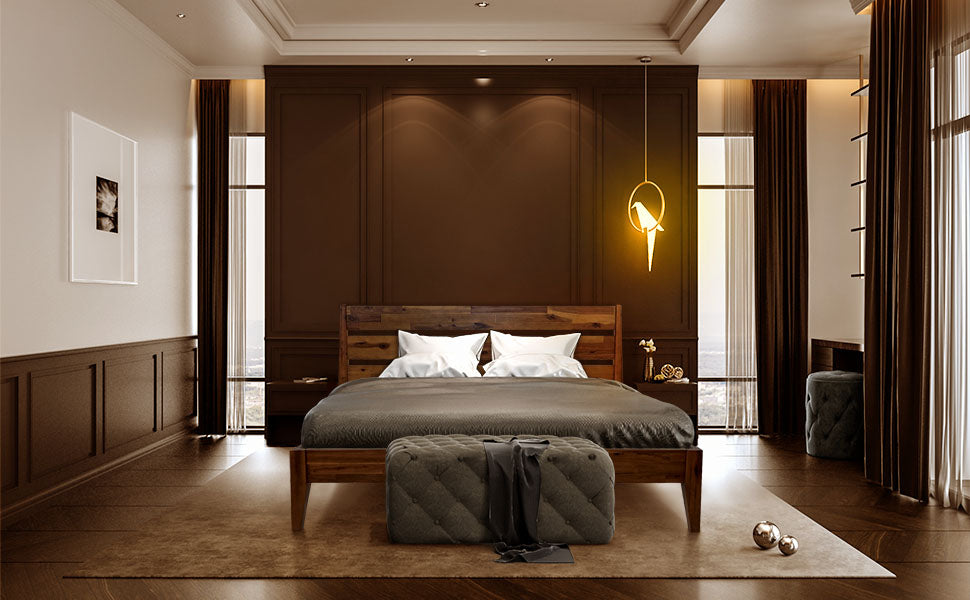 Bed Frame with Headboard Solid Wood Platform Bed, Artisan Signature High Headboard Wood Bed Non-Slip and Noise-Free Support All Mattresses