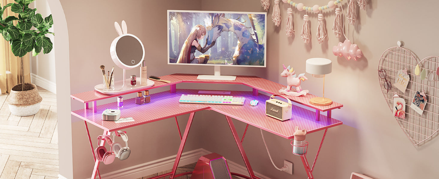 pink desk Carbon Fiber Surface with Monitor Stand