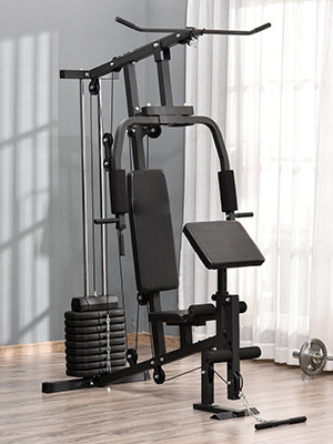 The home gym equipment includes a non-slip feet pad for added stability and safety.Training Workout Station with 100Lbs Weight Stack for LAT Pulldown, Leg Extensions, Preacher Bicep Curls