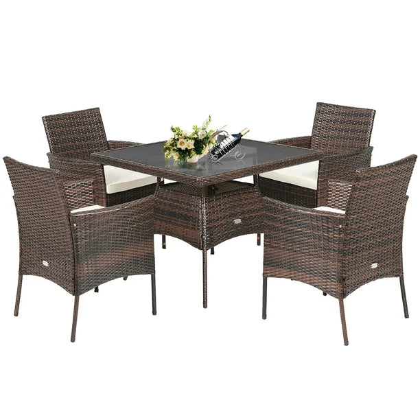 5PCS Patio Rattan Dining Furniture Set Armrest Sofa Chair Glass Table