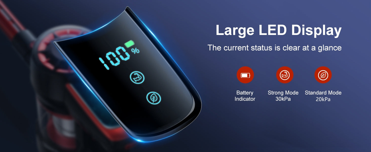 30Kpa Stick Vacuum with Large LED Display, Powerful Handheld Vacuum Cleaner
