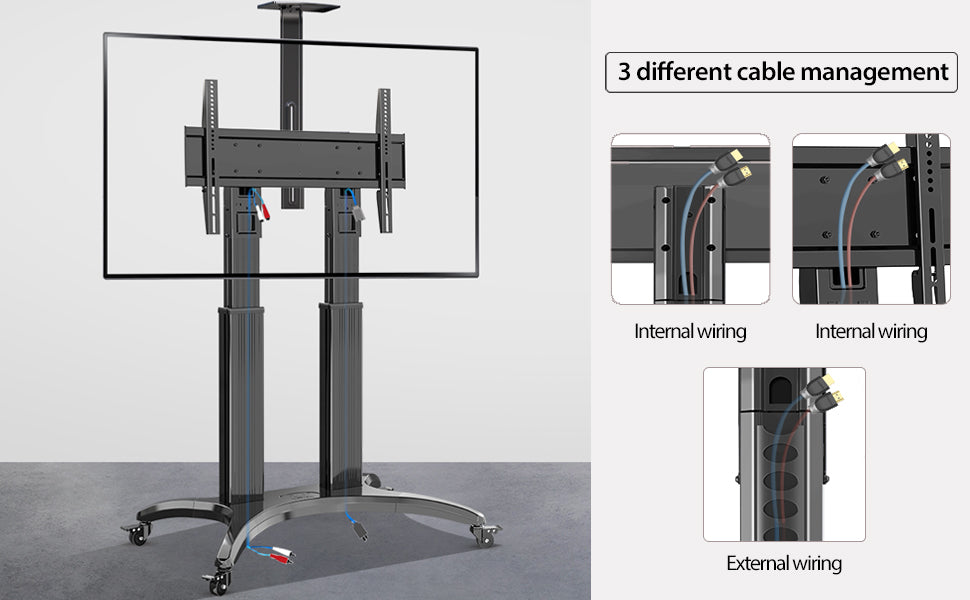 The arc design concept, plus two aluminum made columns design, Mobile TV Cart for 65-85 Inch Flat Screens, Rolling TV Stand with Load Capacity up to 125lbs