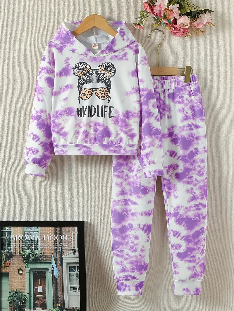 2pcs, Hoodie & Sweatpants Set, Cartoon Sunglasses Girl Print Casual Outfits, Kids Clothes For Spring Fall