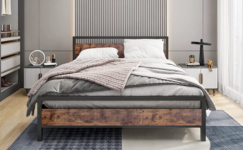 Full Bed Frame with Wood Headboard, Platform Bed Frame Full Size No Box Spring Needed,Heavy Duty Steel Slats